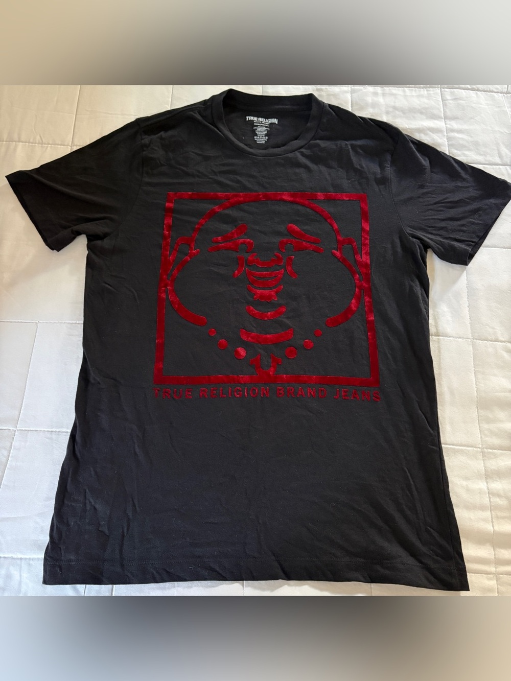 True Religion Black Tee with Red Graphic Buddha Logo